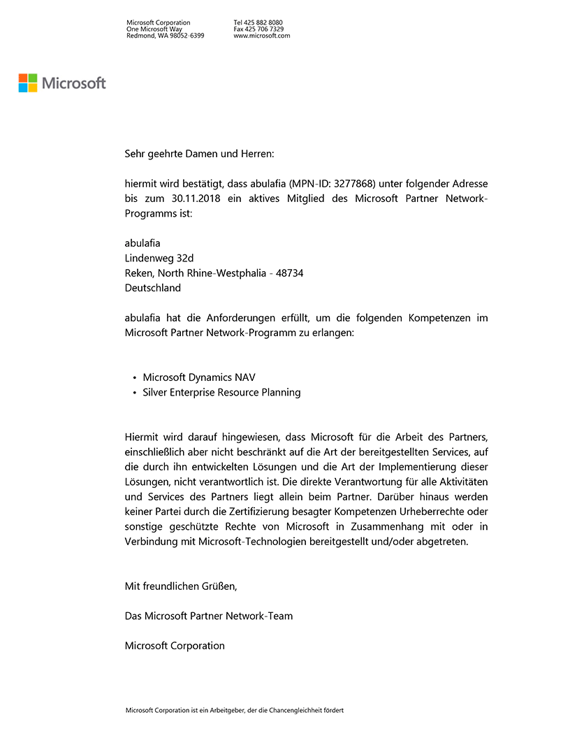 Zertifikat Microsoft Partner Network-Programm